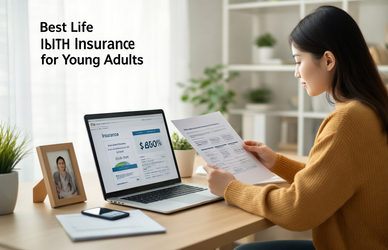 Create a realistic image of a young Asian female adult in her late 20s reviewing life insurance documents at a modern home office space, with a laptop showing insurance comparison charts, a smartphone with a financial app open, and a small family photo frame visible, conveying thoughtful financial planning for the future, with soft natural lighting creating a warm, responsible atmosphere, and text overlay reading "Best Life Insurance for Young Adults."